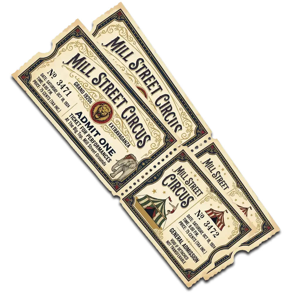 Two Mill Street Circus tickets, Admit One, numbers 3471 and 3472, for the Big Top on Mill Street Grounds