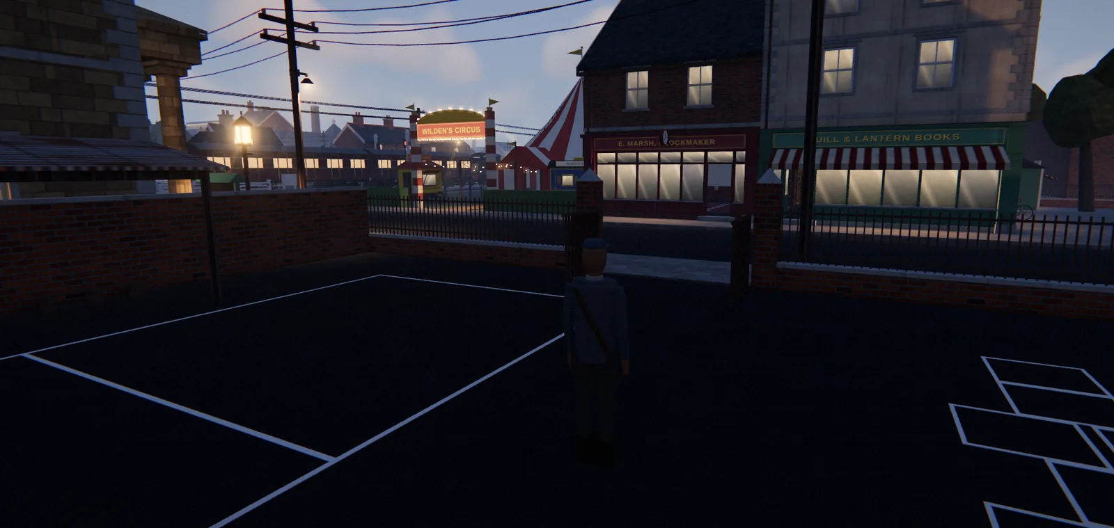 At dusk, the lit windows of E. Marsh, Clockmaker and Quill and Lantern Books, with the circus gate glowing beyond