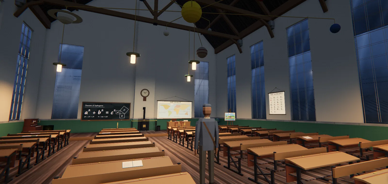 A tall schoolroom with rows of wooden desks, Pythagoras chalked on the board and the planets hanging from the beams