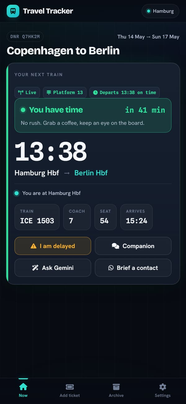 Travel Tracker på en telefon, med næste tog på en eksempelrejse