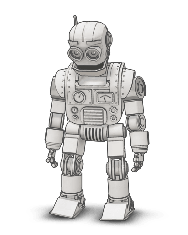 DW Innovations robot, en grå, tegnet robot, der står på et lyst gulv