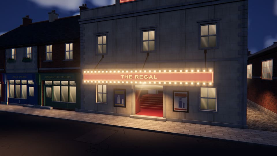 Biografen The Regal i Mill Street, oplyst om aftenen