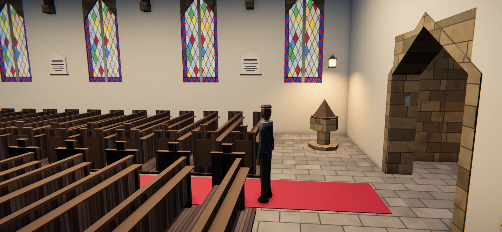 Inside St Mary's church, with stained glass windows, wooden pews, a red carpet and a stone font