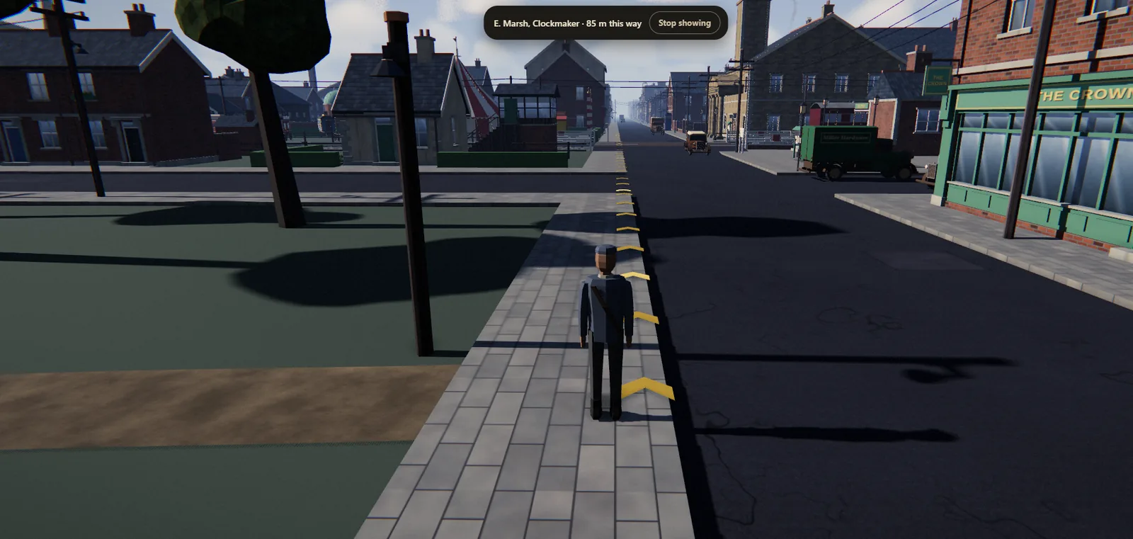 The character on the pavement following gold arrows, with a banner reading E. Marsh, Clockmaker, 85 metres this way