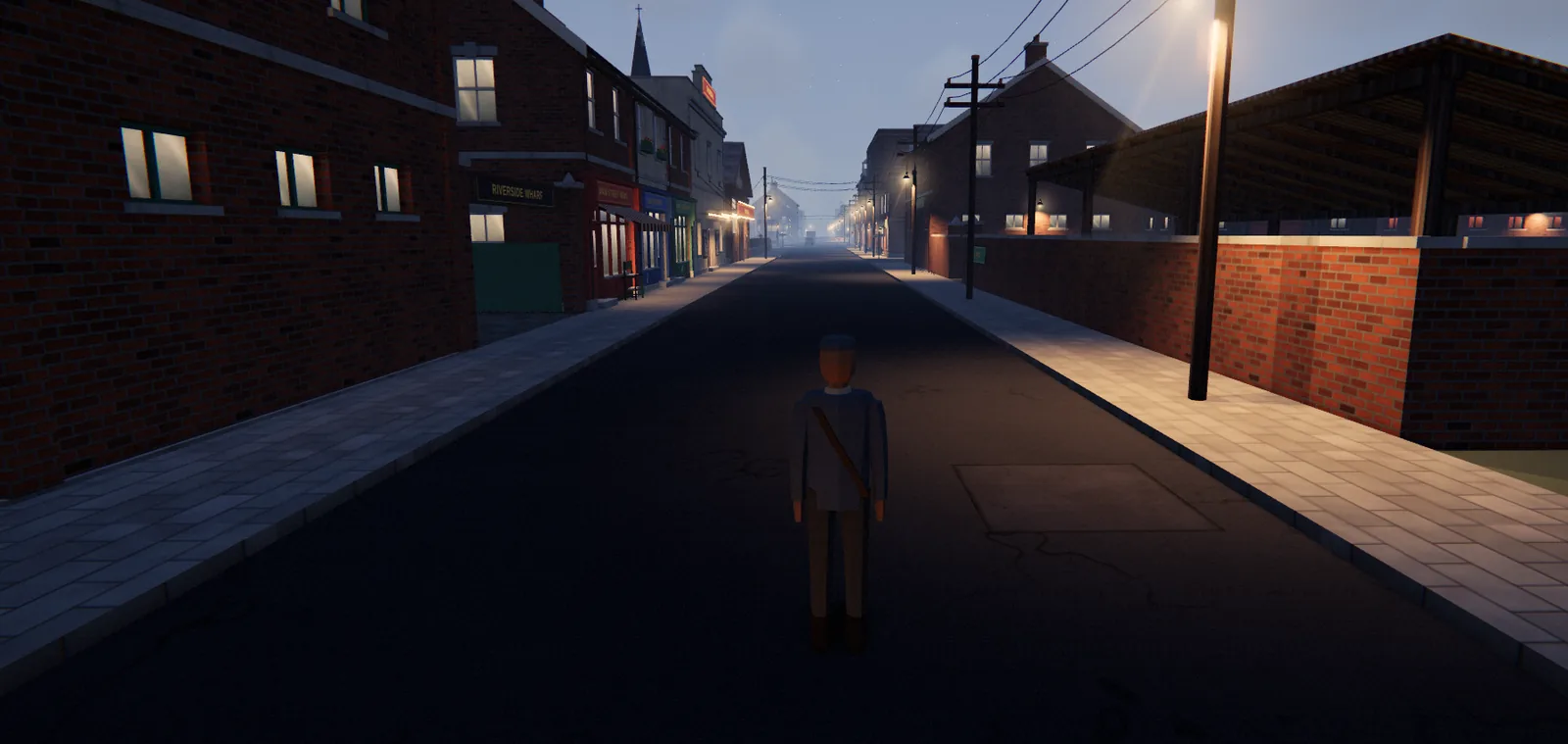 A brick street at night, street lamps lit and every window glowing